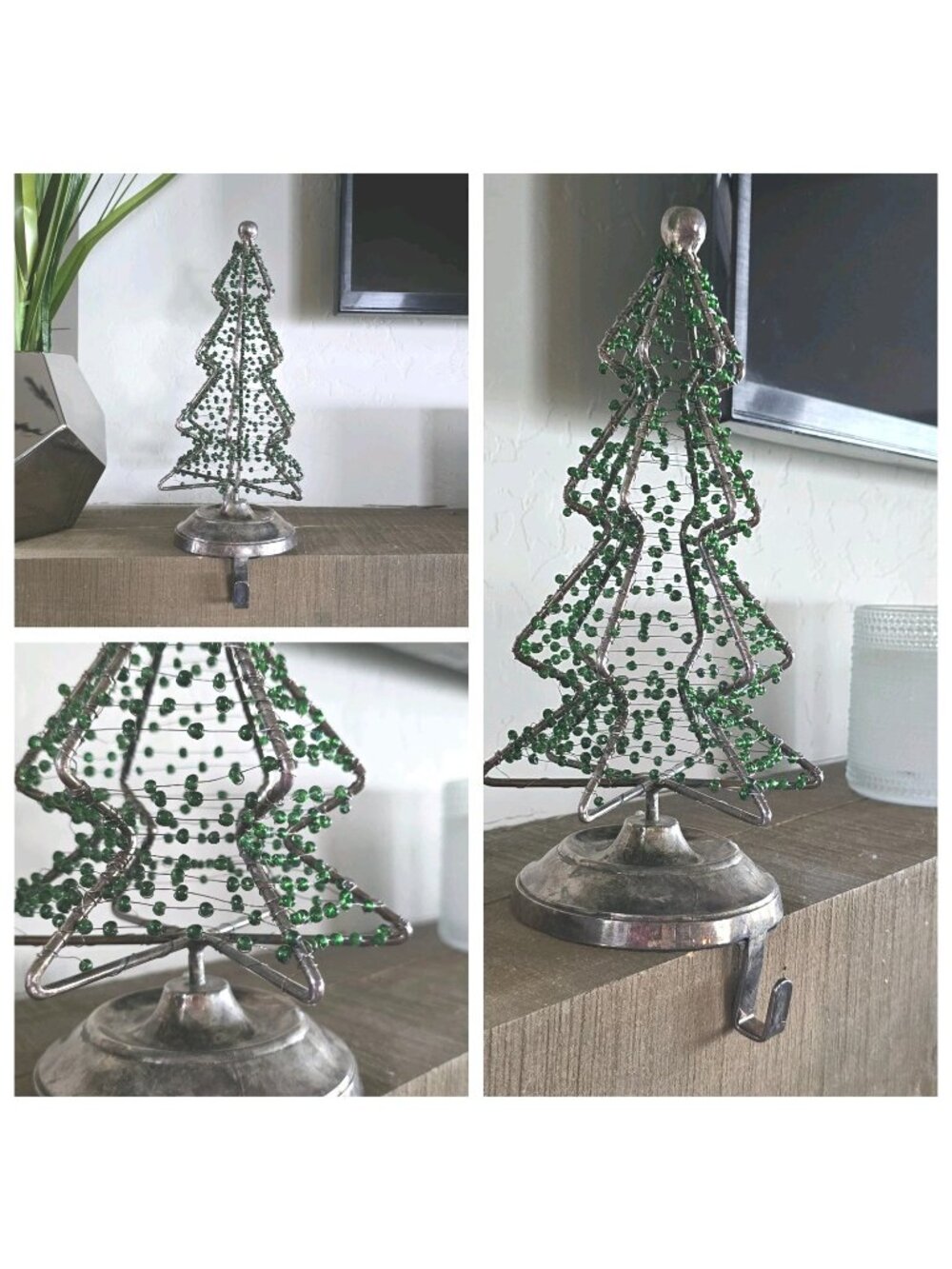 2- Lg Vtg Heavy Duty Christmas Tree Stocking Holders Glass Beads Silverplate 12"